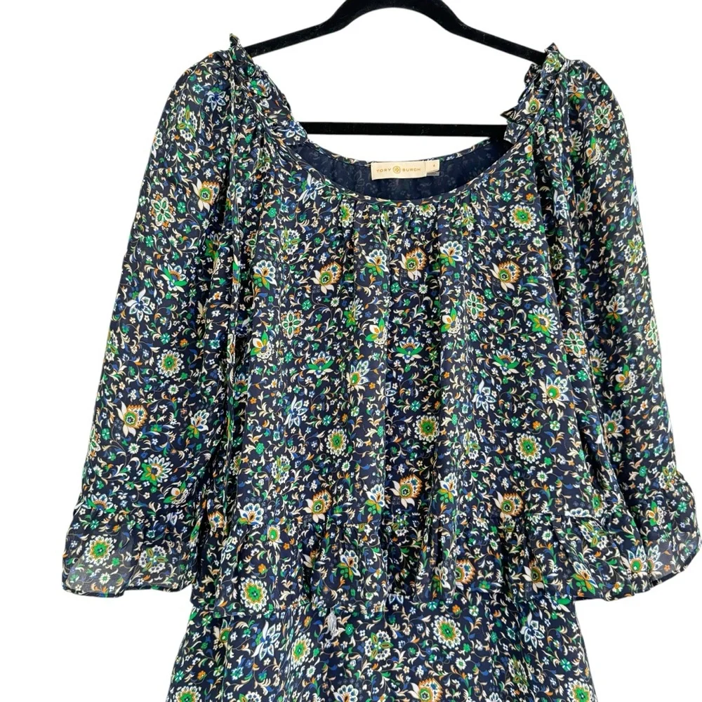 Tory Burch Navy Blue Flora Ruffle Womens Mini Dress Size 4 - Picture 3 of 15